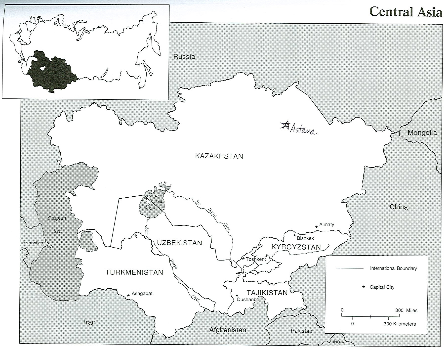 Контурная карта страны центральной азии